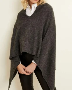 Clearance Uverny Poncho 100% Cachemire 4 fils col V gris chiné foncé