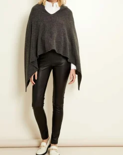 Clearance Uverny Poncho 100% Cachemire 4 fils col V gris chiné foncé