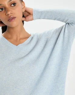 Best Cashmere Tribu Poncho large 100% Cachemire col V Emma icy blue