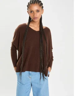 Outlet Cashmere Tribu Poncho large 100% Cachemire col V Emma brownie