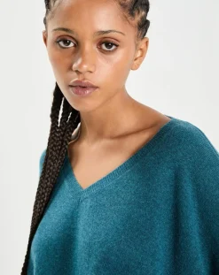 New Cashmere Tribu Poncho large 100% Cachemire col V Emma heather teal