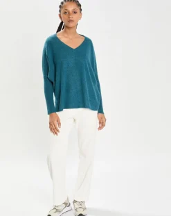 New Cashmere Tribu Poncho large 100% Cachemire col V Emma heather teal