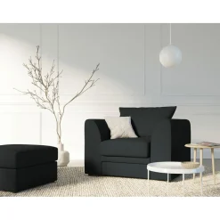 Mazzini Sofas Pouf Quince Velours côtelé noir - 64x64x37 cm
