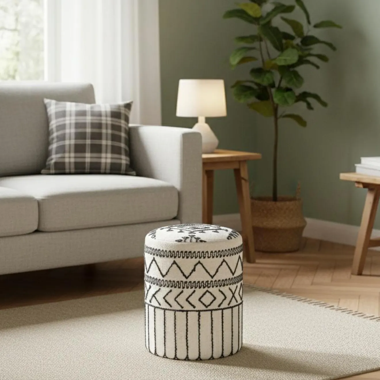 Bois & Chiffons Pouf tribal 55 cm de haut Acacia M&M offer Gris argent - 40x40x55 cm