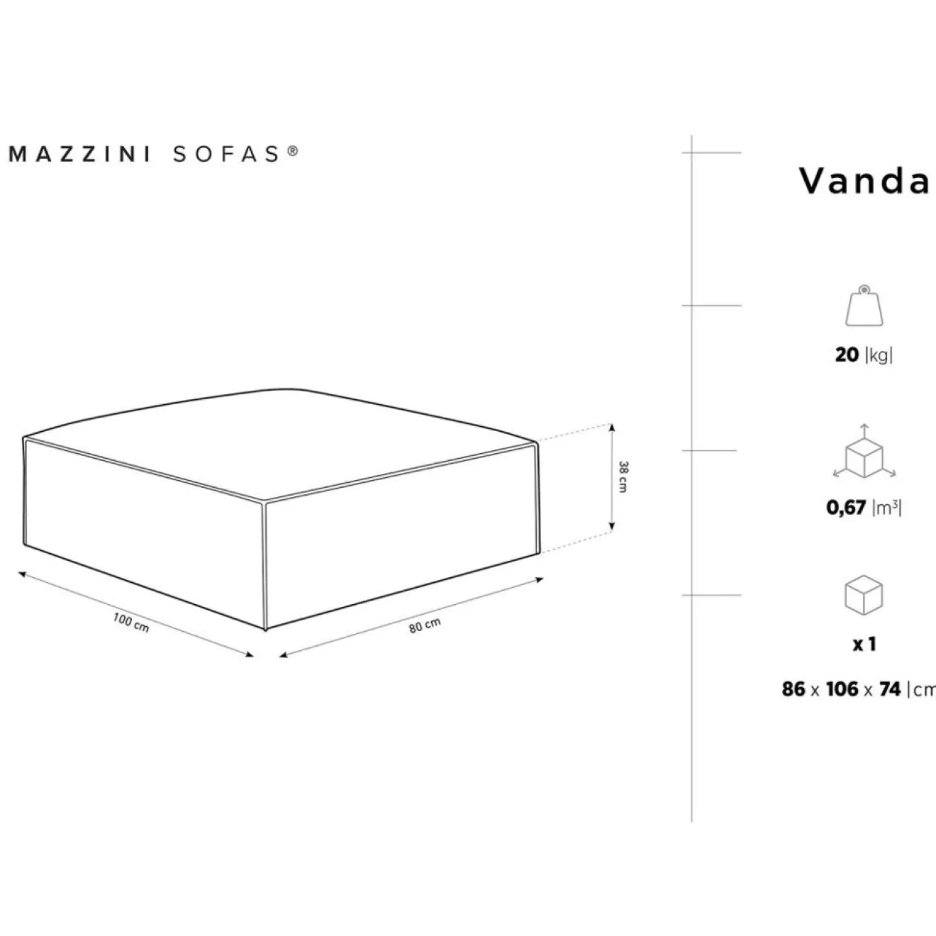 Mazzini Sofas Pouf Velours Vanda beige clair - 100x80x36 cm