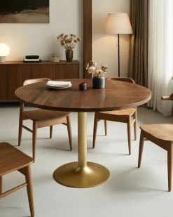 New Uniqka Prague - Table repas ronde en bois massif et pied tulipe doré D110 cm 6 pers