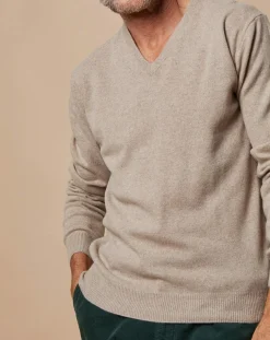 Clearance Oscar et Louise Pull 100% Cachemire 4 fils Antoine col V beige