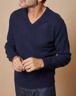 New Oscar et Louise Pull 100% Cachemire 4 fils Antoine col V bleu marine