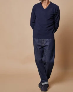 New Oscar et Louise Pull 100% Cachemire 4 fils Antoine col V bleu marine