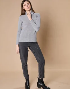 Femme Oscar et Louise Pull 100% Cachemire 4 fils Audrey col roulé gris chiné