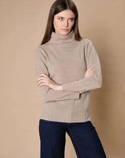 Femme Oscar et Louise Pull 100% Cachemire 4 fils Audrey col roulé beige foncé