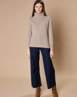 Femme Oscar et Louise Pull 100% Cachemire 4 fils Audrey col roulé beige foncé