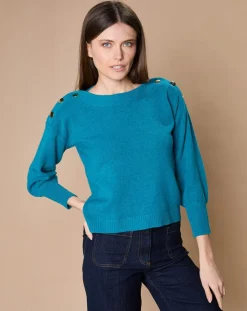 Femme Oscar et Louise Pull 100% Cachemire 4 fils Jane col bateau bleu paon