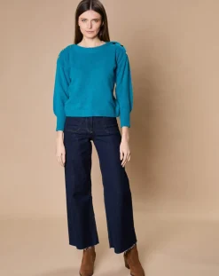 Femme Oscar et Louise Pull 100% Cachemire 4 fils Jane col bateau bleu paon