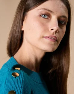 Femme Oscar et Louise Pull 100% Cachemire 4 fils Jane col bateau bleu paon