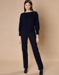 Femme Oscar et Louise Pull 100% Cachemire 4 fils Jane col bateau bleu marine