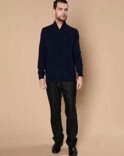 Best Oscar et Louise Pull 100% Cachemire 4 fils John col camionneur bleu marine/gris