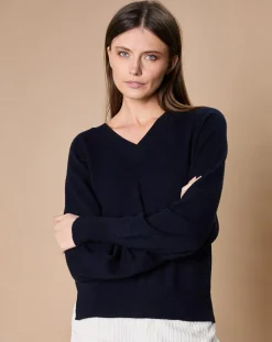 Online Oscar et Louise Pull 100% Cachemire 4 fils Romy col V profond bleu marine