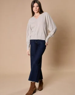 Femme Oscar et Louise Pull 100% Cachemire 4 fils Romy col V profond écru chiné