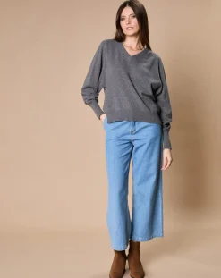Femme Oscar et Louise Pull 100% Cachemire 4 fils Romy col V profond anthracite