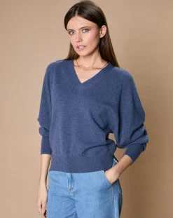 Femme Oscar et Louise Pull 100% Cachemire 4 fils Romy col V profond bleu denim