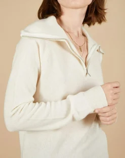 Hot Cashmere Tribu Pull 100% Cachemire Audrey col zippé écru