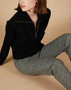 Femme Cashmere Tribu Pull 100% Cachemire Audrey col zippé noir