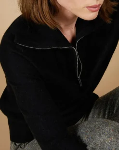 Femme Cashmere Tribu Pull 100% Cachemire Audrey col zippé noir