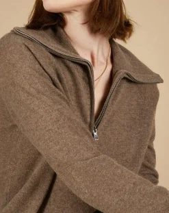 Cashmere Tribu Pull 100% Cachemire Audrey col zippé marron