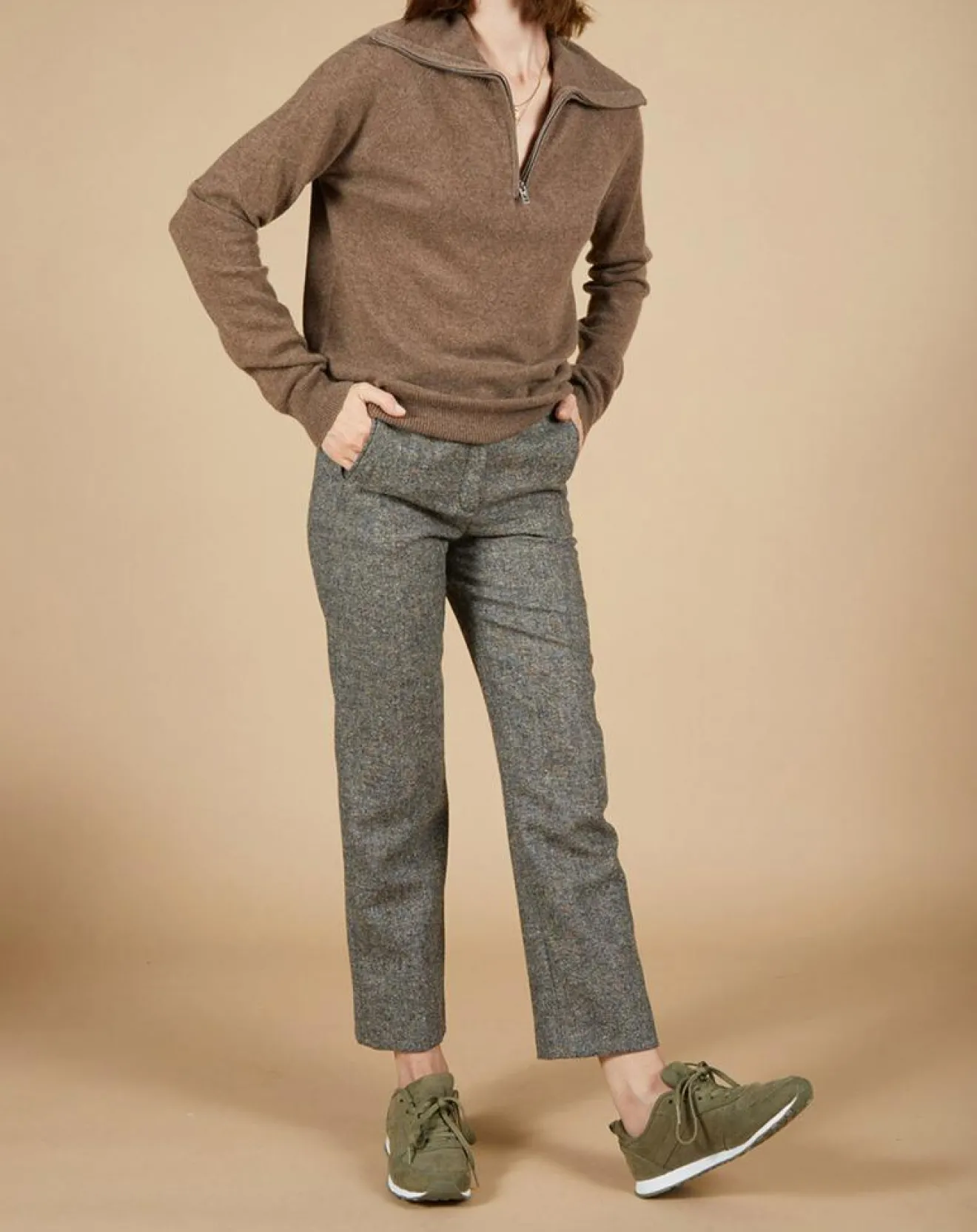 Cashmere Tribu Pull 100% Cachemire Audrey col zippé marron