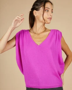 Femme Cashmere Tribu Pull 100% Cachemire Bella épaulettes violet fluo