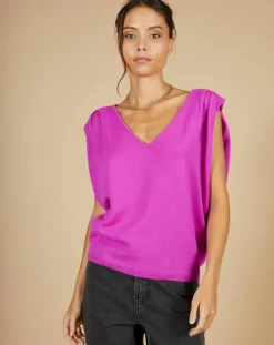 Femme Cashmere Tribu Pull 100% Cachemire Bella épaulettes violet fluo