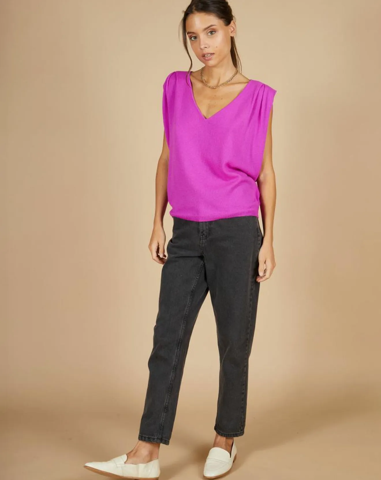 Femme Cashmere Tribu Pull 100% Cachemire Bella épaulettes violet fluo