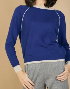 Best Cashmere Tribu Pull 100% Cachemire Bertha col rond manches raglan bicolore nautique/greige