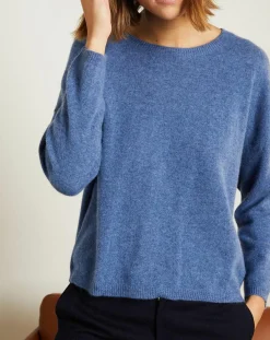 Femme Miss Cashmere Pull 100% Cachemire Clémence Col rond bleu chiné