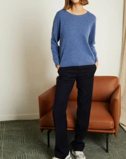 Femme Miss Cashmere Pull 100% Cachemire Clémence Col rond bleu chiné
