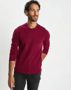 Galeries Lafayette Pull 100% Cachemire col Rdc Uni Nachron rouge foncé