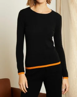 Clearance Miss Cashmere Pull 100% Cachemire col rond bicolore noir/orange