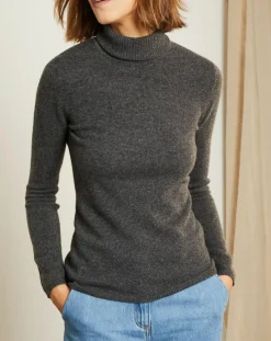 Femme Miss Cashmere Pull 100% Cachemire col roulé gris chiné foncé