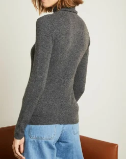 Femme Miss Cashmere Pull 100% Cachemire col roulé gris chiné foncé