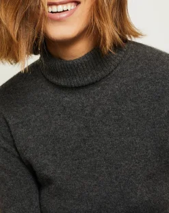 Femme Miss Cashmere Pull 100% Cachemire col roulé gris chiné foncé