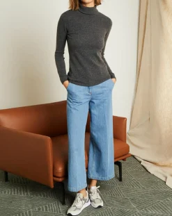 Femme Miss Cashmere Pull 100% Cachemire col roulé gris chiné foncé