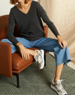 Sale Miss Cashmere Pull 100% Cachemire col V profond gris chiné foncé
