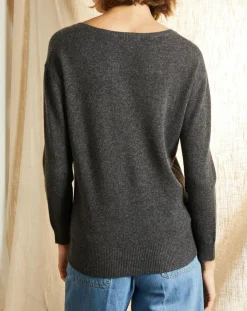 Sale Miss Cashmere Pull 100% Cachemire col V profond gris chiné foncé