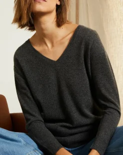 Sale Miss Cashmere Pull 100% Cachemire col V profond gris chiné foncé