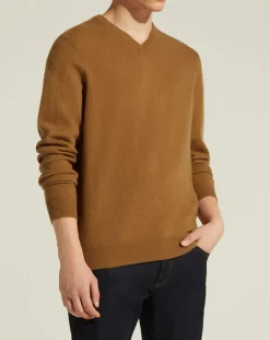 Homme Galeries Lafayette Pull 100% Cachemire col V Uni Nachve marron