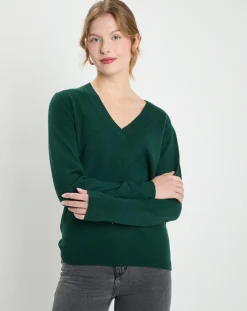 Femme Galeries Lafayette Pull 100% Cachemire Col V Zocon vert sapin