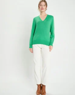New Galeries Lafayette Pull 100% Cachemire Col V Zocon vert emeraude