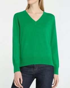 New Galeries Lafayette Pull 100% Cachemire Col V Zocon vert emeraude