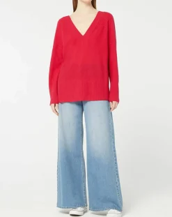 Femme Galeries Lafayette Pull 100% Cachemire Frani col V rose foncé